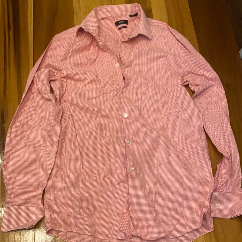 Men’s Hugo boss slim sharp fit dress shirt red/white checkered size 16 34/35